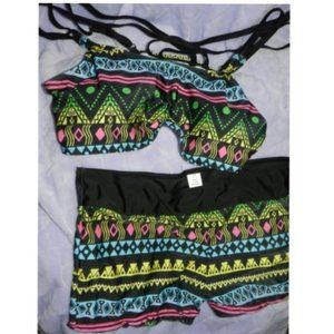 Women's Tankini Boy shorts Colorful Designed Swim suit Neon Colors on Black XL